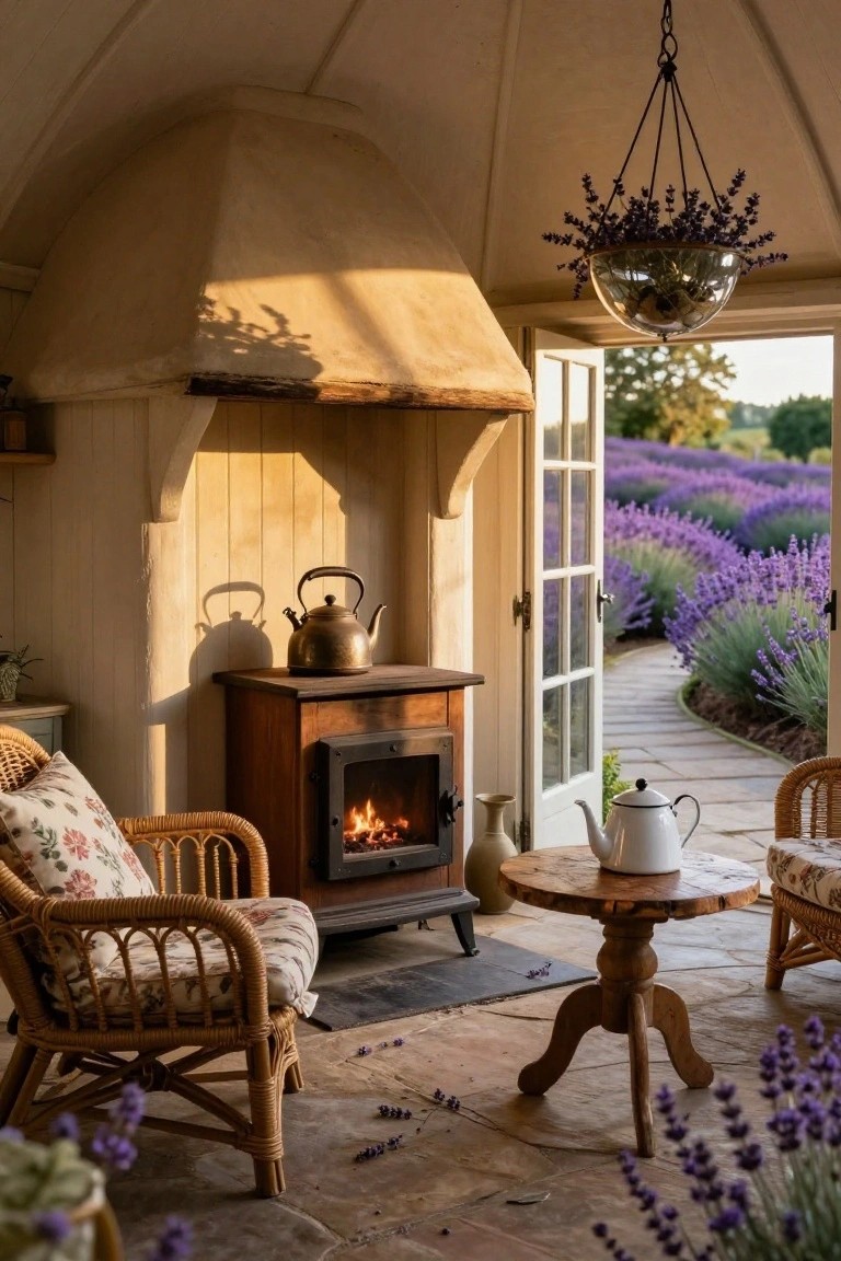 Interior of a light-colored curved garden room featuring a wood-burning stove with kettles nearby, two wicker chairs with cushions around a wooden table, and open French doors to lavender fields.