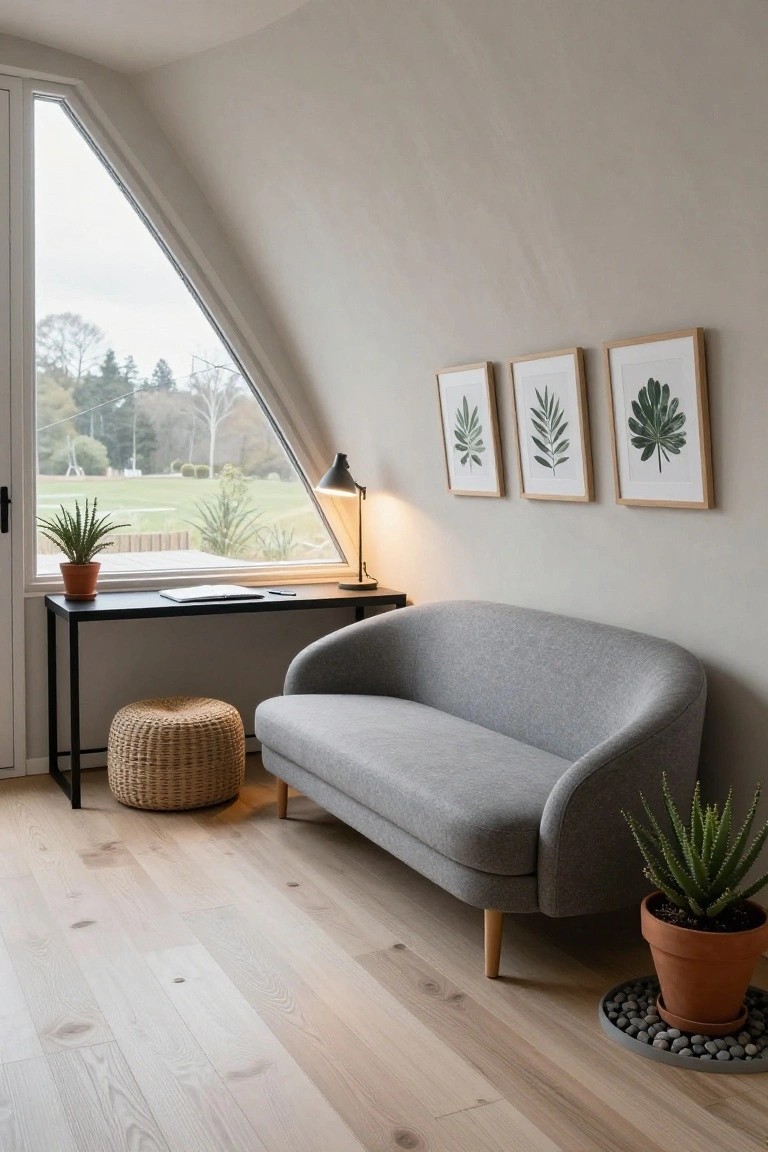 Modern interior room with light walls, triangular window showing trees and green field, curved gray sofa, black metal desk with open notebook, rattan pouf, desk lamp, three framed leaf prints, and several potted plants on light wood floor.