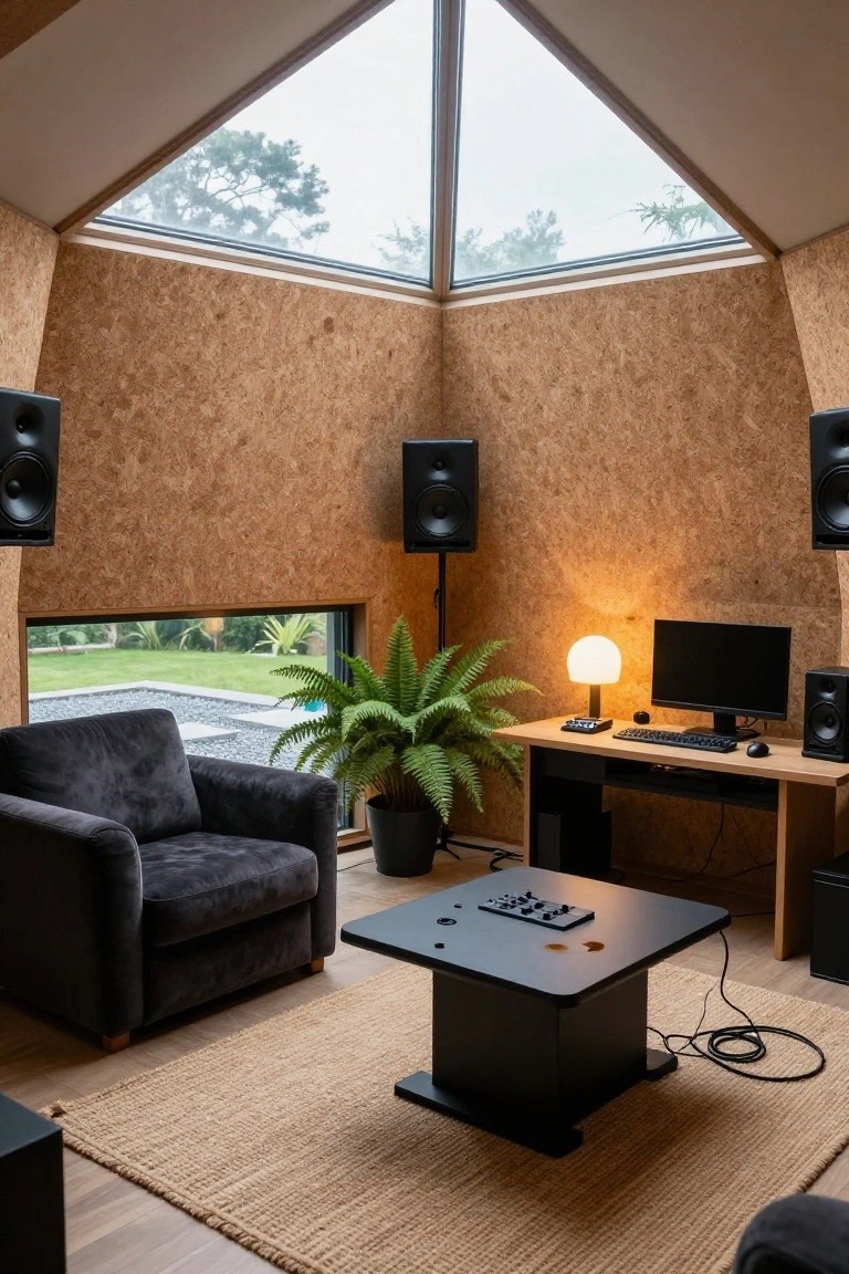 Interior view of a compact studio room with light brown OSB-paneled walls, triangular skylight ceiling, four wall-mounted speakers, wooden desk with black monitor and keyboard, central black table with controllers, gray armchair, potted fern, and window overlooking garden.