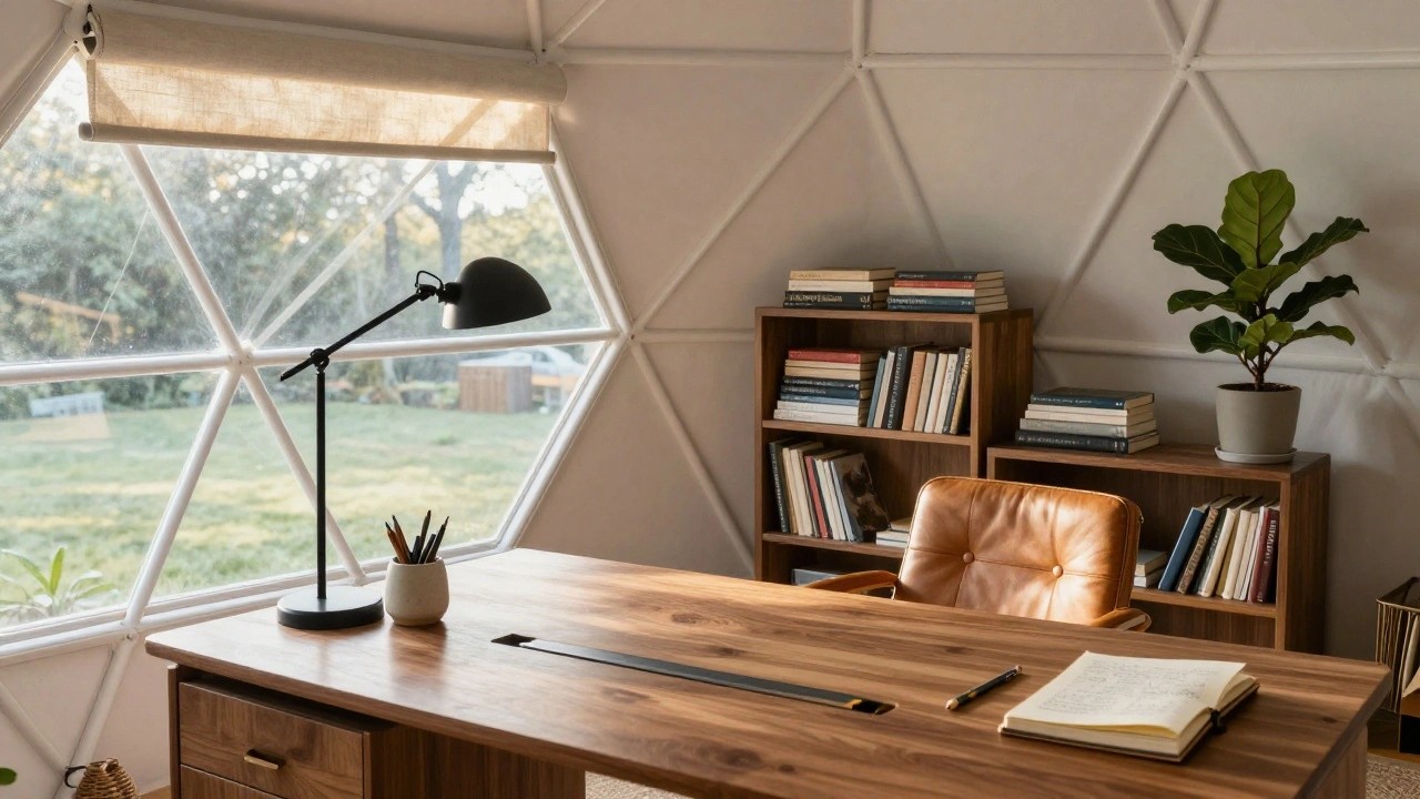 Interior view of a geodesic dome room with a wooden desk on white legs, brown leather armchair, open books on a shelf, potted plants, and a triangular window showing trees outside.