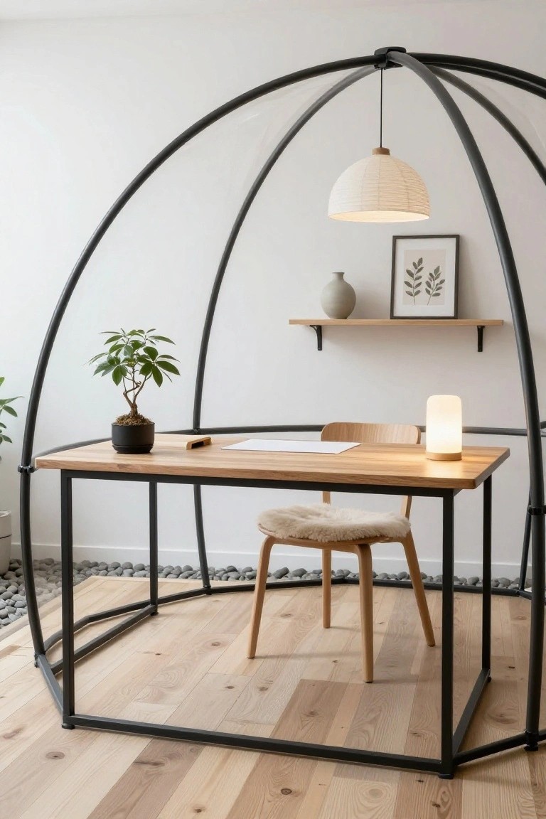 Black metal geodesic dome enclosing a wooden desk with potted plant, sheepskin chair, table lamp, vase, and floating shelves on a white wall above a wooden floor with pebble edging.