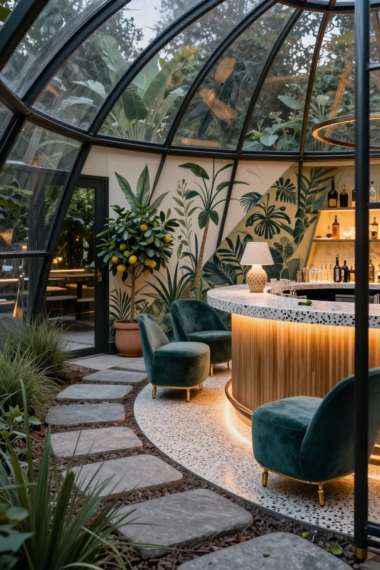 Geodesic dome interior with curved wooden bar topped in terrazzo, emerald green velvet chairs, tropical plants including a lemon tree, potted greenery, stone path flooring, and backlit shelving with bottles.