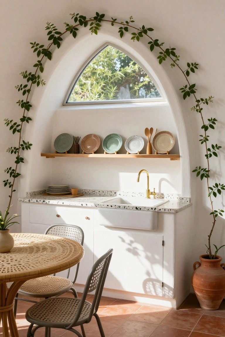White kitchen nook with arched window framed by trailing green ivy, wooden shelf holding ceramic plates and wooden utensils, gold faucet over white farmhouse sink, rattan table with gray metal chairs on terracotta tile floor.