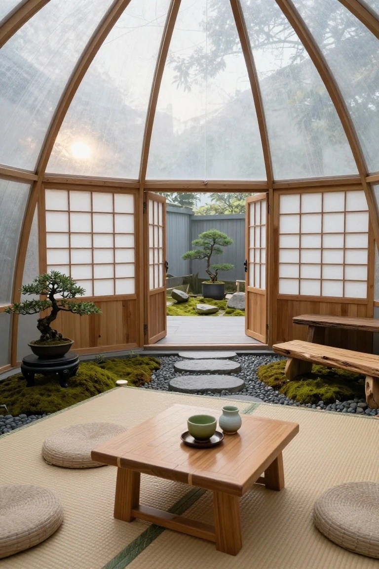 Geodesic dome interior with tatami mat flooring, zabuton cushions around a low wooden table set with green tea bowls and a vase, bonsai trees on black stands, and open shoji screen doors revealing a zen garden with moss, rocks, and another bonsai.
