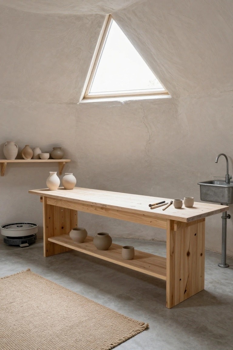 Interior of a white curved-wall dome room with a long wooden workbench topped by pottery tools and cups, open shelves below holding ceramic pots, a metal sink nearby, wall shelves with vases, and a rug on the concrete floor.