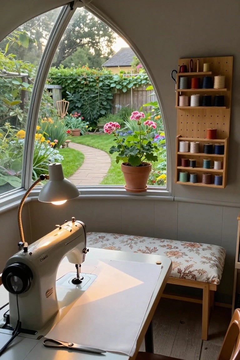 Interior view of a sewing room with a vintage white sewing machine on a worktable under an adjustable lamp, wooden pegboard racks on the wall stocked with colorful thread spools, large arched window showing a garden path and plants outside, and a potted geranium on the windowsill.