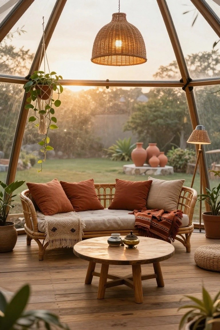 Geodesic dome room interior with rattan sofa topped by orange and beige cushions and a throw blanket, round wooden coffee table holding teacups and incense burner, potted plants, hanging lamp, floor lamp, and garden view through glass panels.