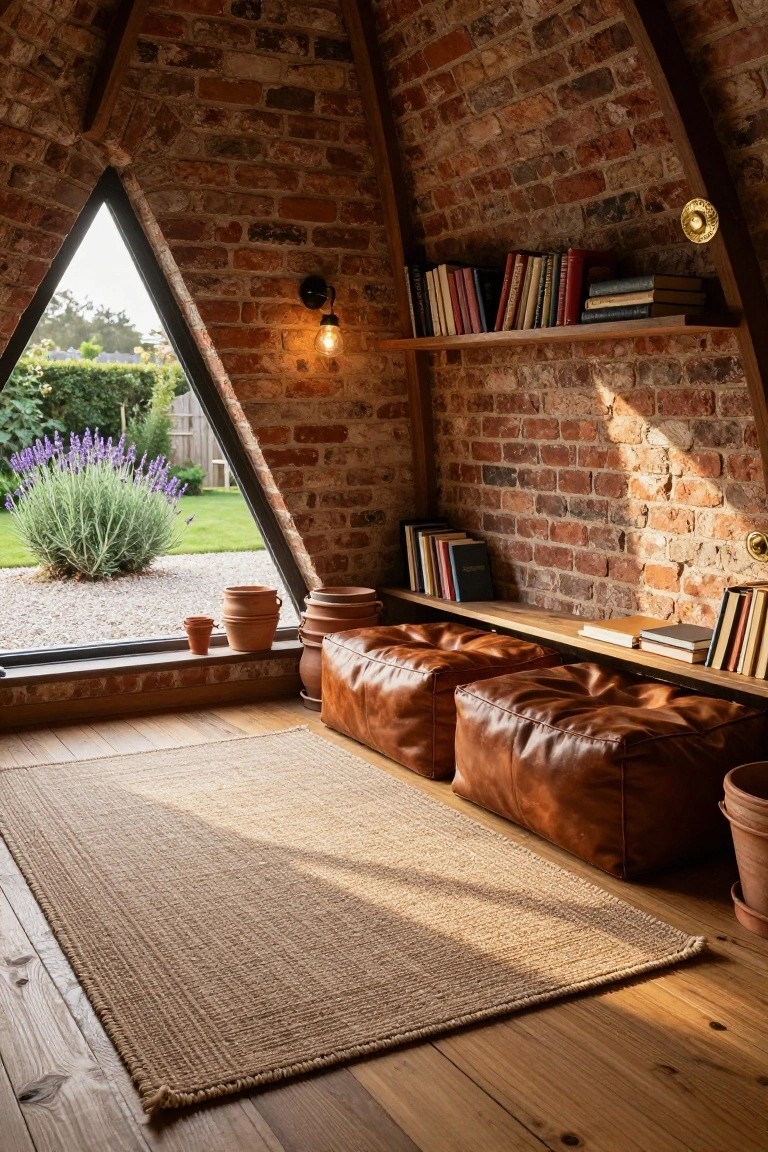 Interior view of a pyramid-shaped brick room with exposed wooden beams, built-in wooden shelves holding books and terracotta pots, tan leather poufs on a seagrass rug, and a large triangular window showing a garden with lavender bushes and gravel path.