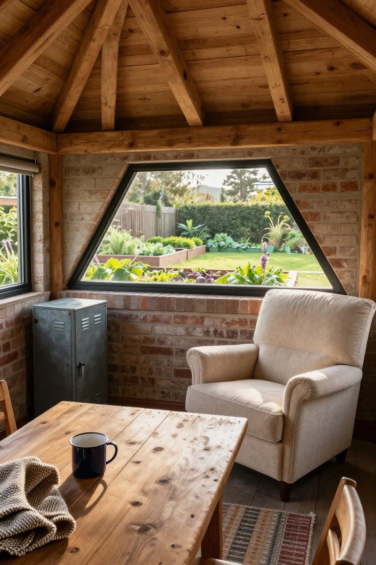 Interior of a garden room featuring an exposed wooden beam ceiling, brick walls, a large triangular black-framed window overlooking raised vegetable beds and greenery, a wooden table with a navy mug and knit scarf, a beige armchair, a gray metal cabinet, and wooden chairs on a patterned rug.