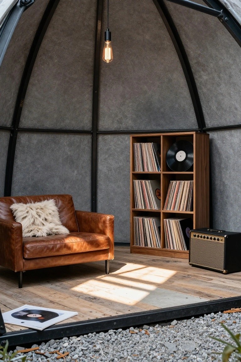 Interior of a geodesic dome room with curved metal frame walls, wooden bookshelf filled with vinyl records, brown leather armchair with sheepskin pillow, guitar amplifier, and a vinyl record on the wooden floor beside gravel edging.