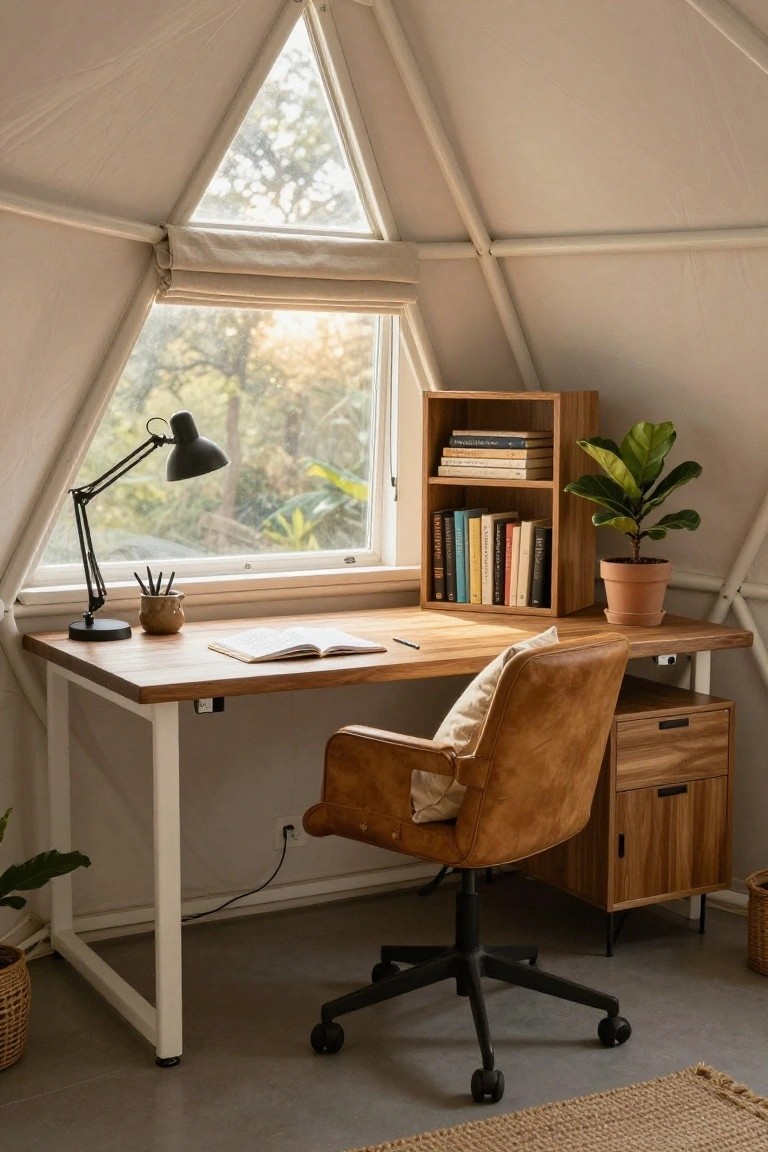 Interior view of a geodesic dome room with a wooden desk on white legs, brown leather armchair, open books on a shelf, potted plants, and a triangular window showing trees outside.