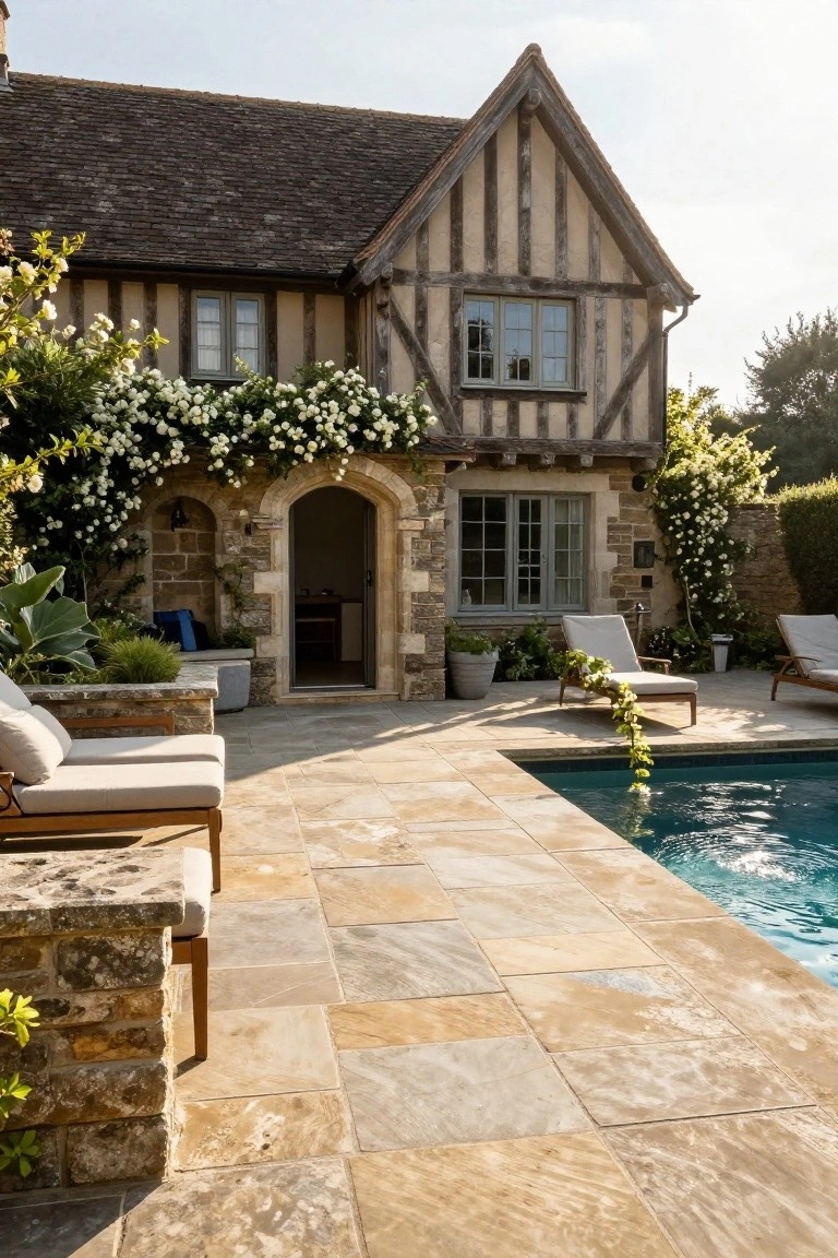 Tudor-style house with light timber framing over beige stone lower walls and arched open doorway, next to a stone-paved terrace with teak lounge chairs and cushions beside a rectangular blue swimming pool, white climbing roses on walls and greenery around.