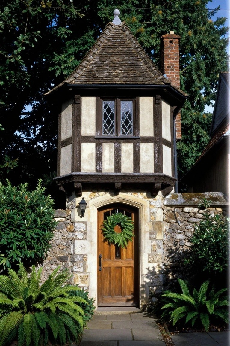 Small octagonal Tudor-style structure with beige stucco and dark timber framing on upper levels, stone base walls, arched wooden door with green wreath, lantern light, flanked by ferns and shrubs against a stone boundary wall.