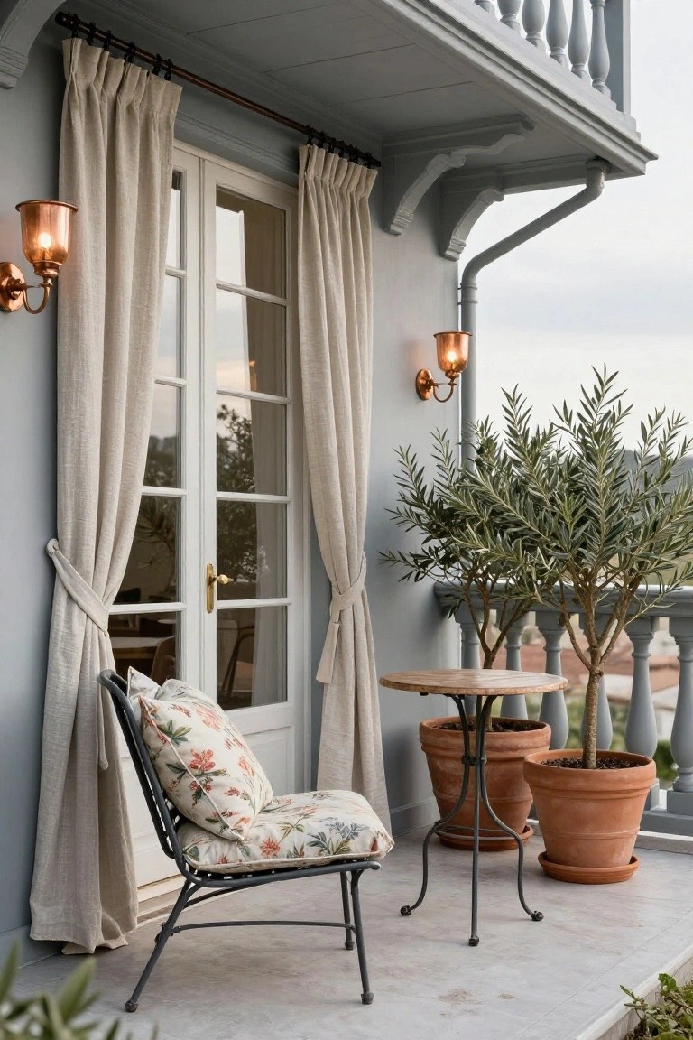 Gray painted balcony exterior with open French doors and white linen curtains, copper wall sconces, a wrought iron chair with floral cushions beside a small round wooden table, and two large terracotta pots containing olive trees.