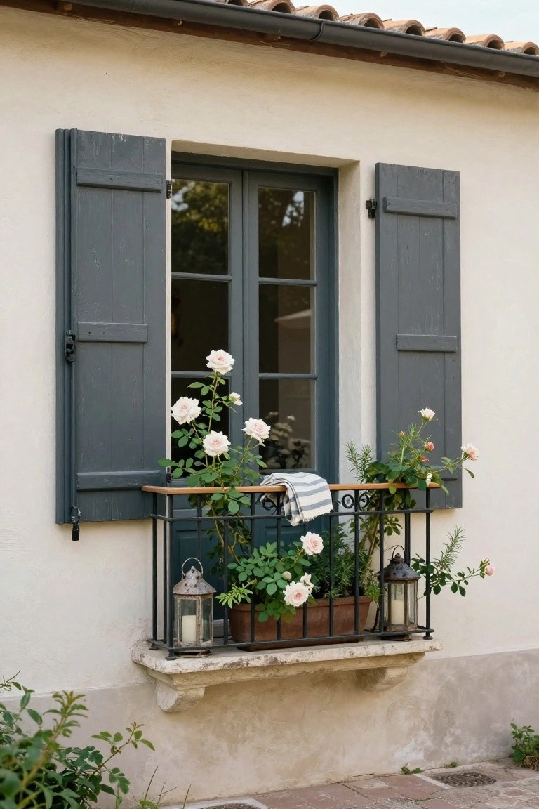 White stucco exterior wall of a house with dark green wooden shutters open beside a multi-pane window, wrought-iron balcony ledge holding a wooden planter box overflowing with pink roses, green plants, hanging metal lanterns, and a striped towel draped on the railing.