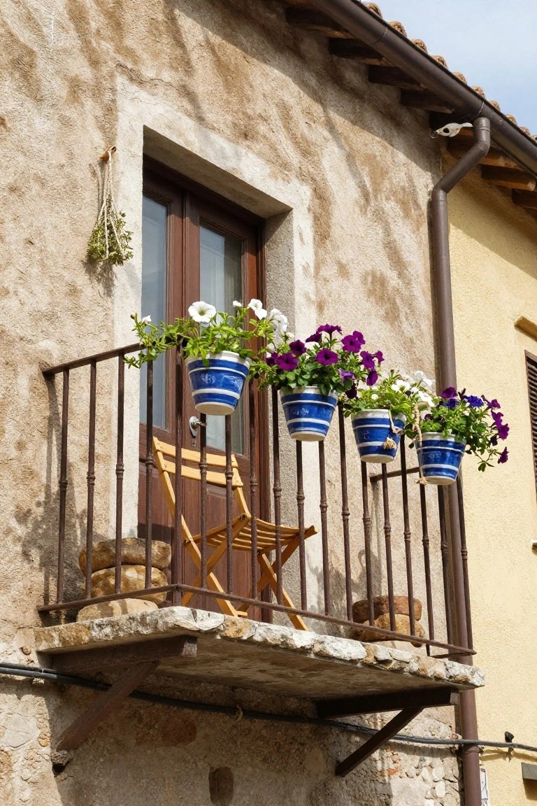 Rustic beige stucco wall with wooden door and wrought iron balcony railing holding four blue striped ceramic pots filled with purple petunias and white flowers, plus a wooden folding chair and stacked stone pots on the ledge.