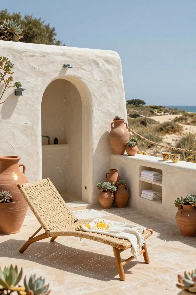 White stucco terrace featuring an open outdoor shower in a curved alcove with running water, a folded rattan lounger with a blanket and sun motif pillow, multiple terracotta pots with succulents, towels on shelves, and a view of sand dunes and ocean.