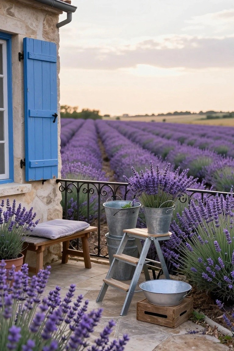 Stone balcony attached to a house with blue shutters, featuring galvanized buckets and pots filled with lavender plants, a wooden bench, step ladder shelf, and railing overlooking lavender fields.