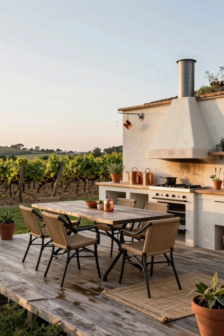 Wooden deck terrace with built-in outdoor kitchen featuring white stucco hood over gas stove and oven, wooden dining table surrounded by rattan chairs, potted plants, copper pots, and vineyard fields in background under sunset sky.