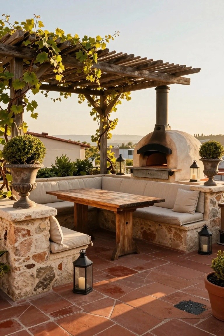 Outdoor terrace with beige cushioned stone banquette seating around a wooden table, adjacent wood-fired pizza oven, vine-covered wooden pergola, black lanterns, potted topiary plants, and terracotta tile flooring.