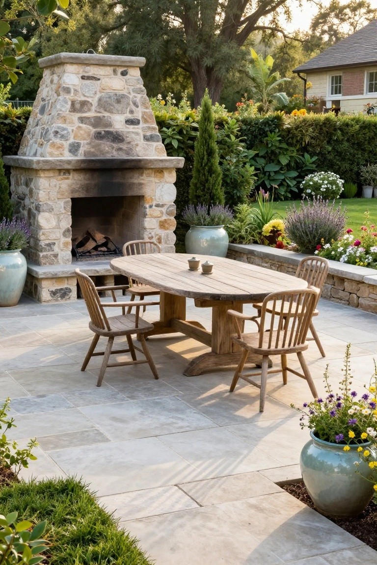 Outdoor terrace featuring a tall stone fireplace with logs inside, a rectangular wooden dining table with four chairs, gray stone pavers, large ceramic pots, and surrounding garden plants and hedges.