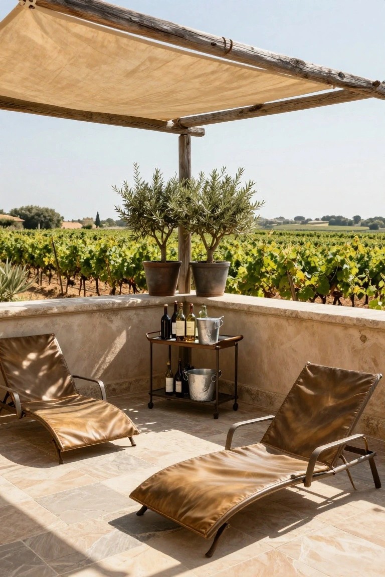 Terrace with two tan fabric loungers, black metal rolling cart holding wine bottles and silver ice bucket, potted olive trees, beige canvas shade on wooden pergola structure, stone wall, and vineyard view in background.