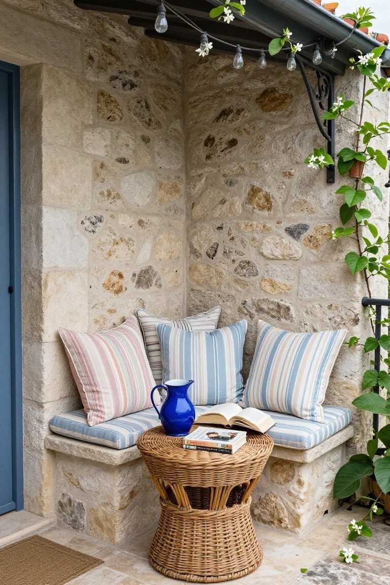 Built-in stone bench in corner of terrace wall with blue and white striped cushions, round wicker table holding open book and blue jug, climbing vines, string lights, and potted plants.