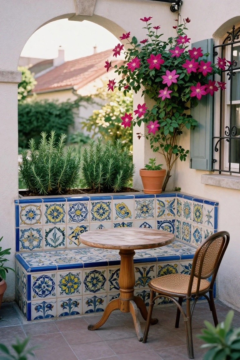 Outdoor terrace nook with a corner built-in bench covered in blue, white, and yellow patterned tiles, a round wooden pedestal table, a wicker armchair, potted rosemary plants, climbing pink flowers on a wall, and arched white stucco architecture leading to a garden view.