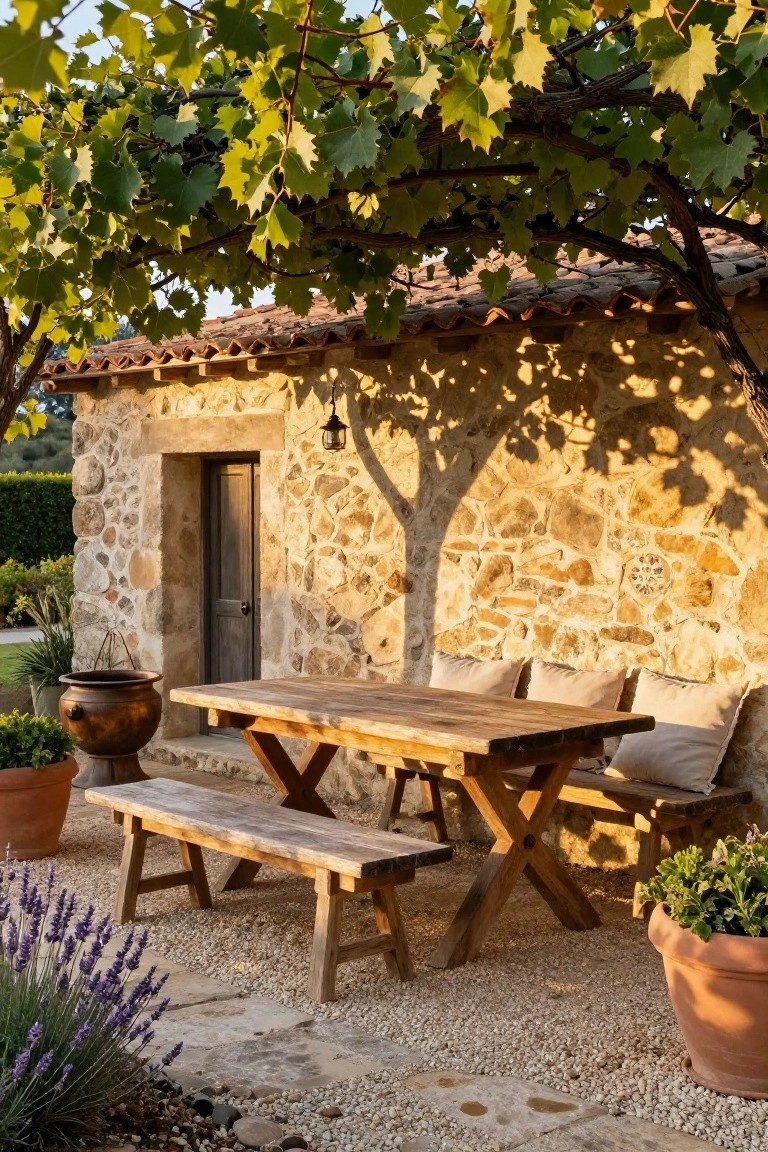 Rustic wooden trestle table and benches with beige cushions on a gravel patio under a dense grapevine canopy beside a stone house wall with wooden door, flanked by terracotta pots and lavender plants.