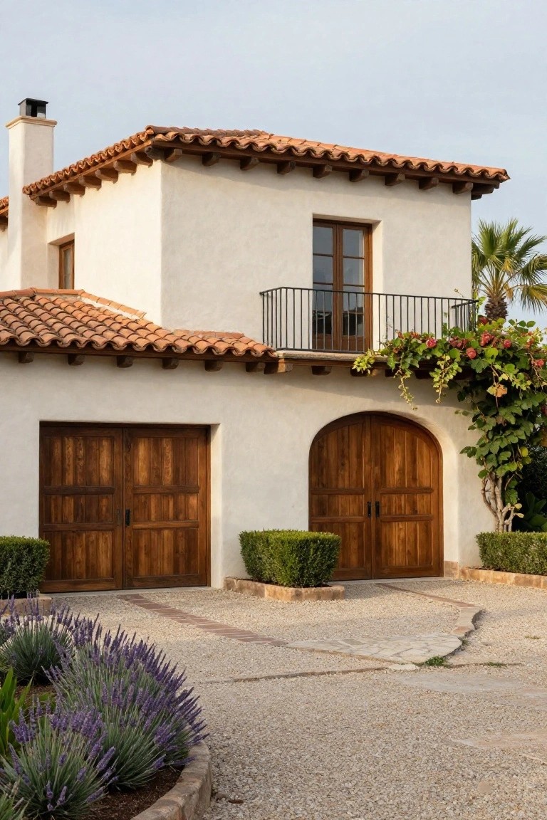 White stucco house exterior with terracotta tile roof, second-story balcony draped in vines, arched dark wooden double garage doors, boxwood shrubs, and lavender plants bordering a gravel driveway.