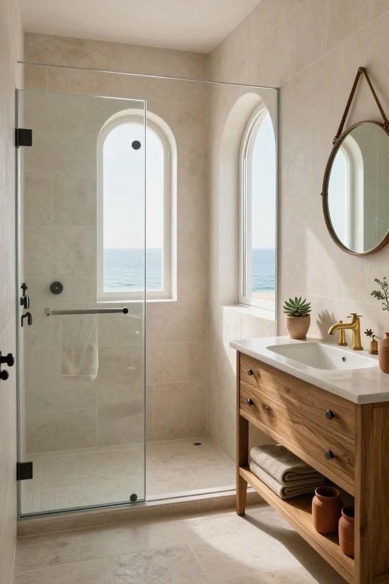 Beige-tiled bathroom featuring a glass-enclosed walk-in shower next to an arched window overlooking the ocean, wooden vanity with white sink and gold faucet, round leather-strapped mirror, and potted plants.