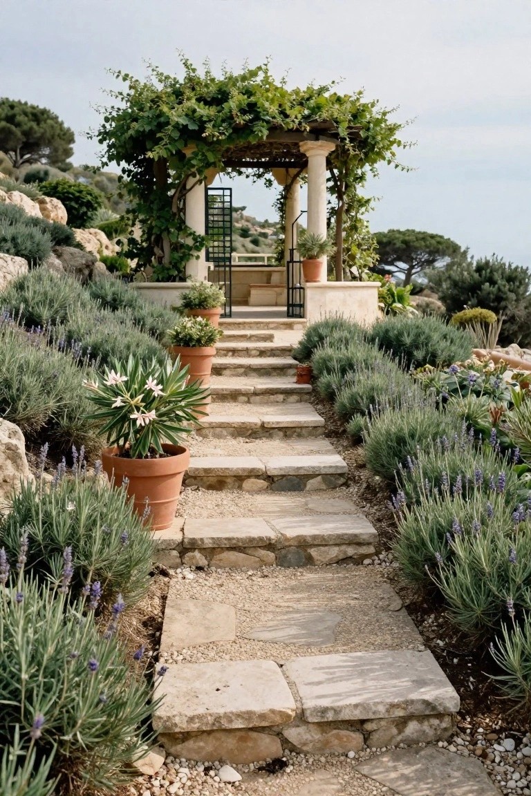 Stone staircase lined with lavender shrubs and terracotta pots on a rocky hillside leading to a vine-covered pergola with columns.