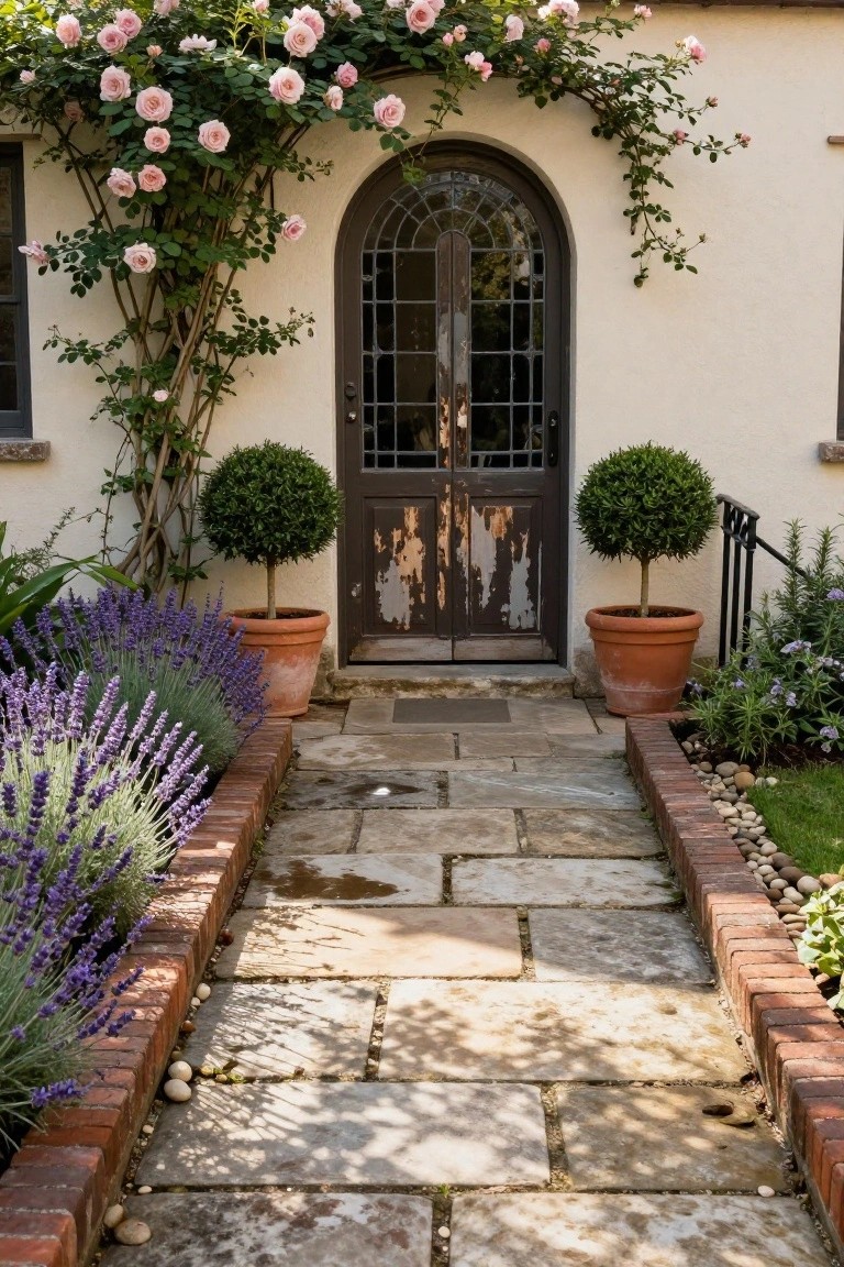 Stone slab pathway bordered by low brick walls and lavender plants leading to a weathered arched wooden door on a white stucco house wall covered in pink climbing roses, with boxwood topiaries in terracotta pots on either side.