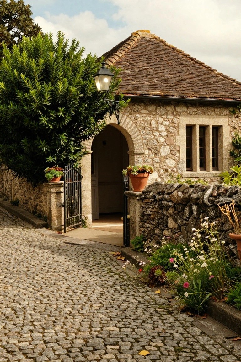 Narrow cobblestone pathway bordered by dry stone walls and plants leads to an open black wrought-iron gate in a stone archway of a small rustic cottage with tiled roof.