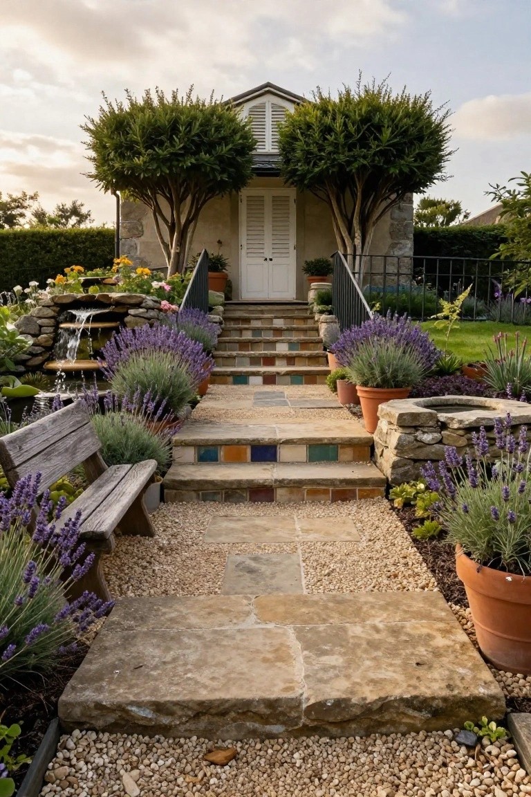 Stone steps embedded with colorful mosaic tiles lead to a small house entrance flanked by lavender plants, gravel path, potted greenery, and a rock water feature.
