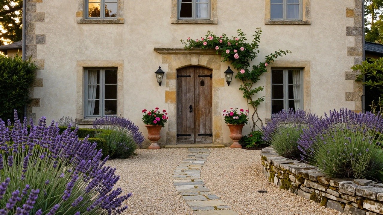 French country house facade with oak front door under a small porch, flanked by wrought-iron lanterns and climbing rose vine, two terracotta pots of lavender and one of geraniums beside a stone-paved path on gravel, surrounded by low boxwood hedges and lavender plantings.