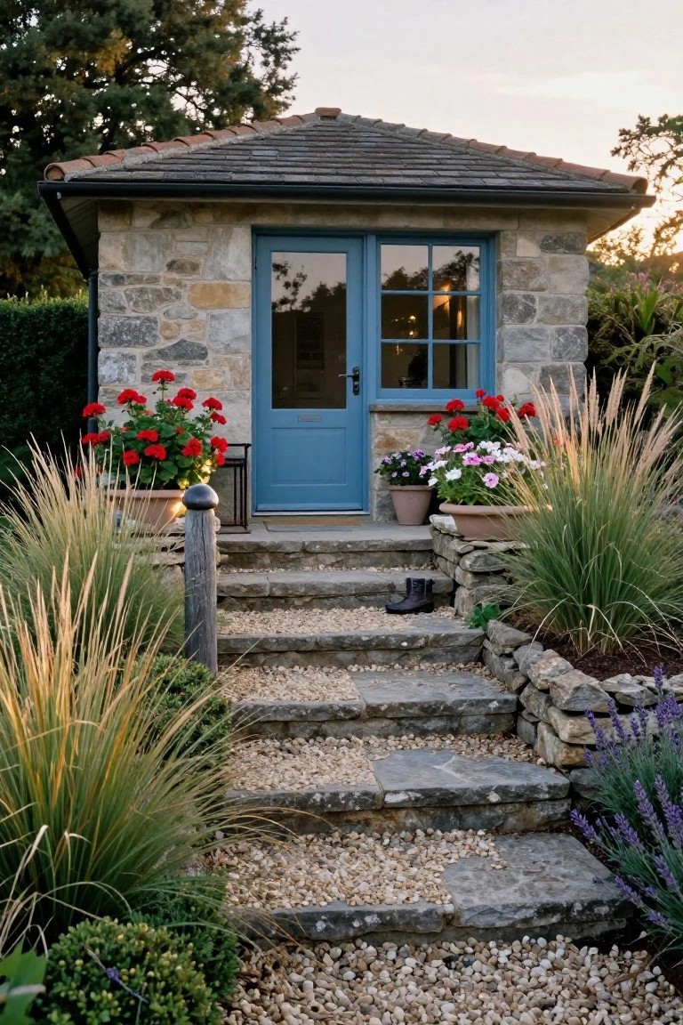 Small stone garden building with blue double doors approached by stone steps embedded in a gravel path, flanked by potted red geraniums, grasses, and stone retaining walls.