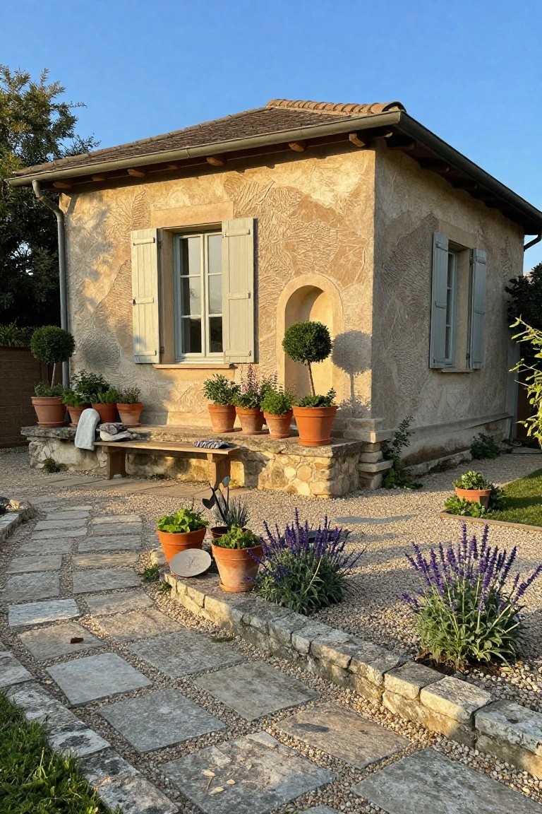 Small beige stucco house with textured leaf walls, blue shutters, potted plants on a wooden bench by the entrance, and curved stone slab pathway edged in gravel with lavender plants.