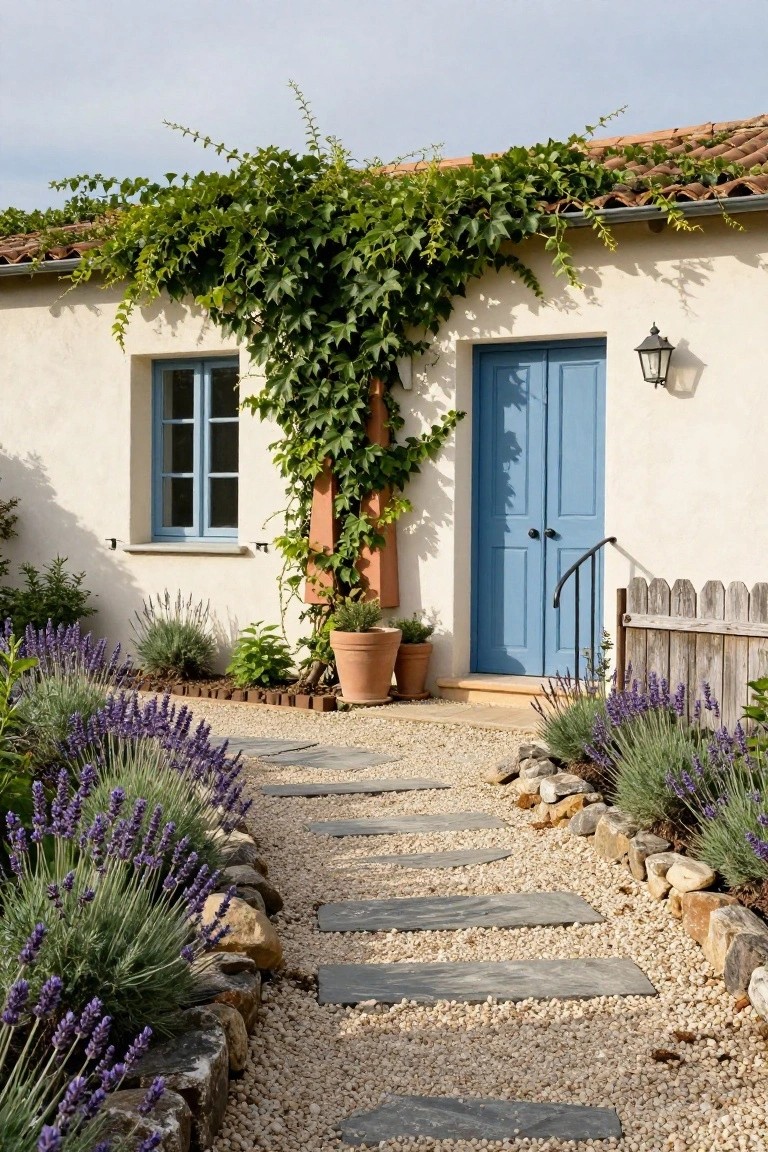 White stucco house with blue front door, ivy-covered walls, terracotta pots, and gravel pathway edged by lavender plants and rocks leading to the entrance.