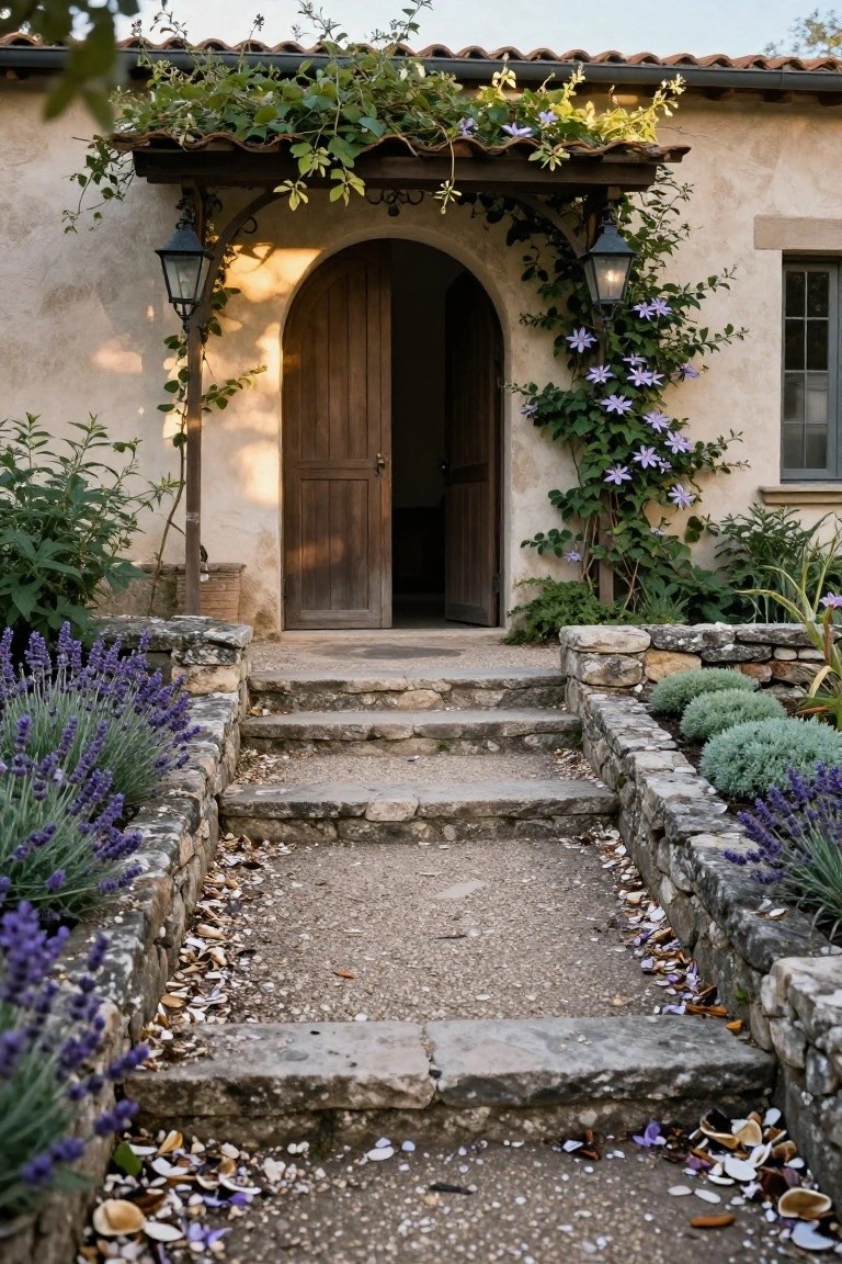 Gravel pathway with scattered shells bordered by lavender plants in low stone walls leading up steps to an open arched wooden door on a stucco house covered in climbing vines and flanked by lanterns.
