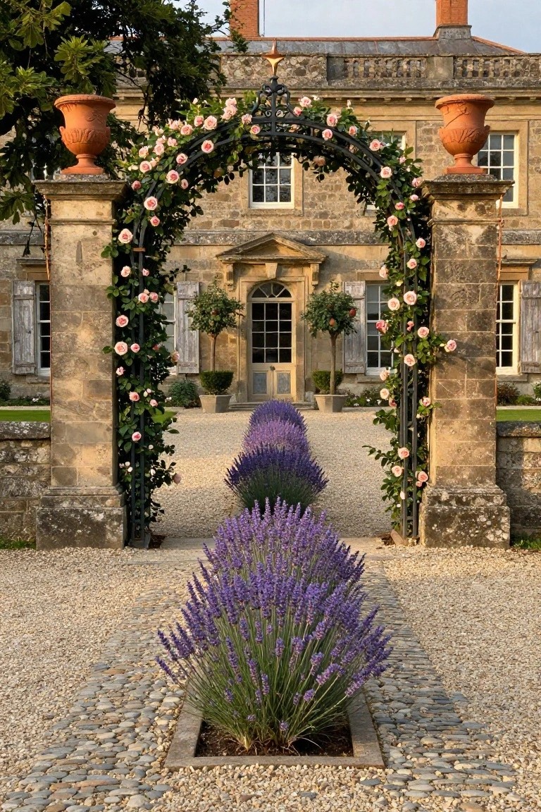 Wrought-iron archway covered in pink climbing roses over a gravel driveway lined with purple lavender plants, leading to a stone French country house entrance.