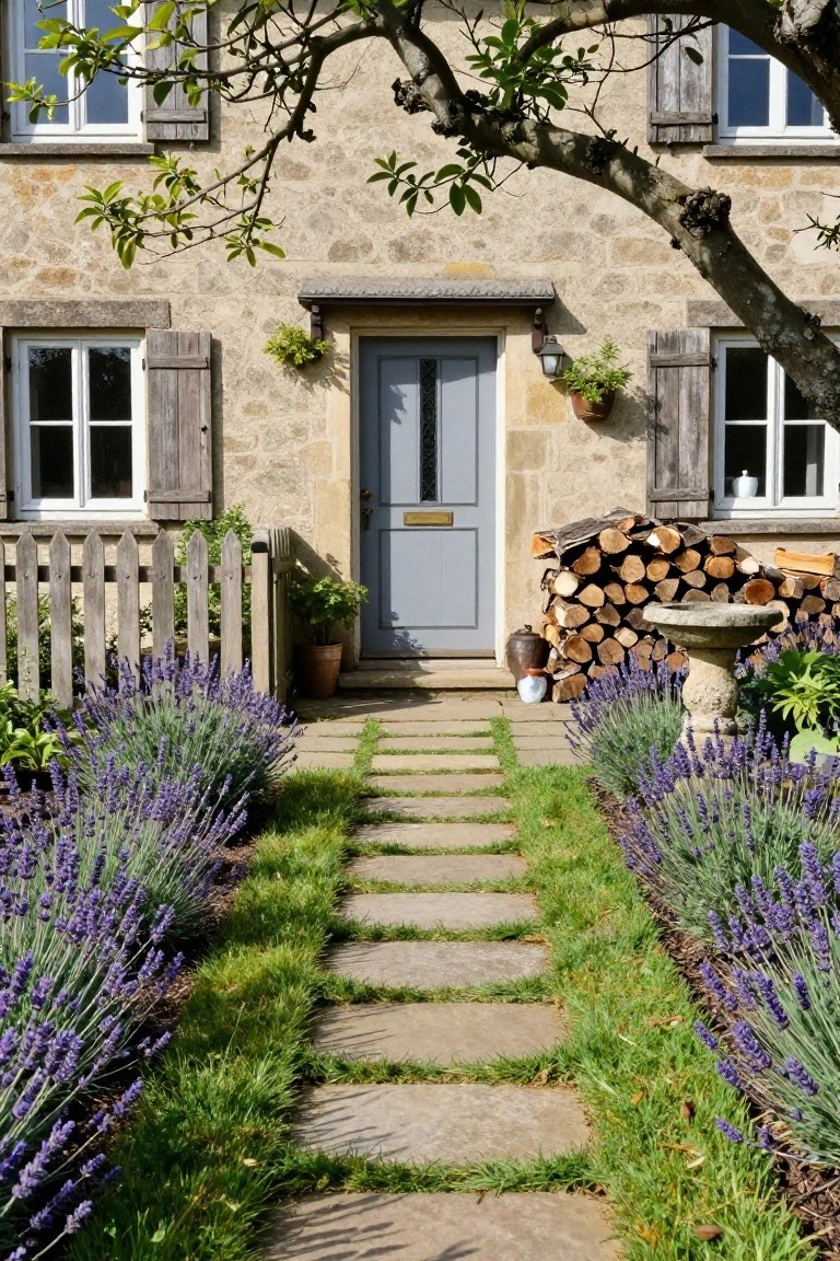 Stone country house with light blue front door, wooden shutters, picket fence, lavender bushes lining a stone slab pathway, potted plants, and stacked firewood nearby.