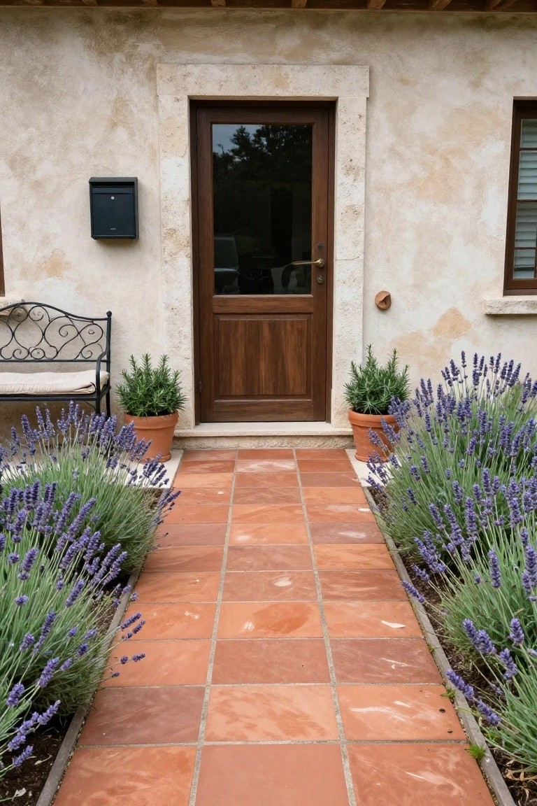 Beige stucco house entrance with dark wooden door, terracotta tiled pathway lined by lavender plants in beds, potted rosemary plants, black mailbox, and wrought iron bench.