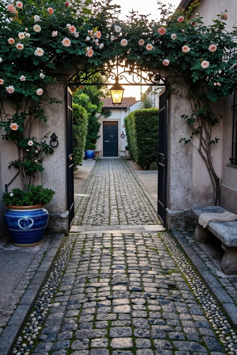 Wrought iron arched gate covered in pink climbing roses over a cobblestone pathway lined with pebble edges, hedges, blue ceramic pots, and a stone bench in a garden setting.