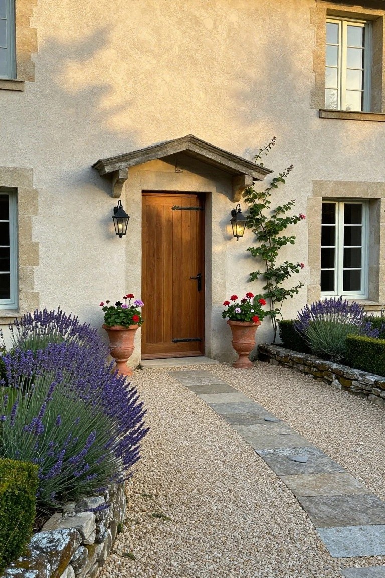 French country house facade with oak front door under a small porch, flanked by wrought-iron lanterns and climbing rose vine, two terracotta pots of lavender and one of geraniums beside a stone-paved path on gravel, surrounded by low boxwood hedges and lavender plantings.