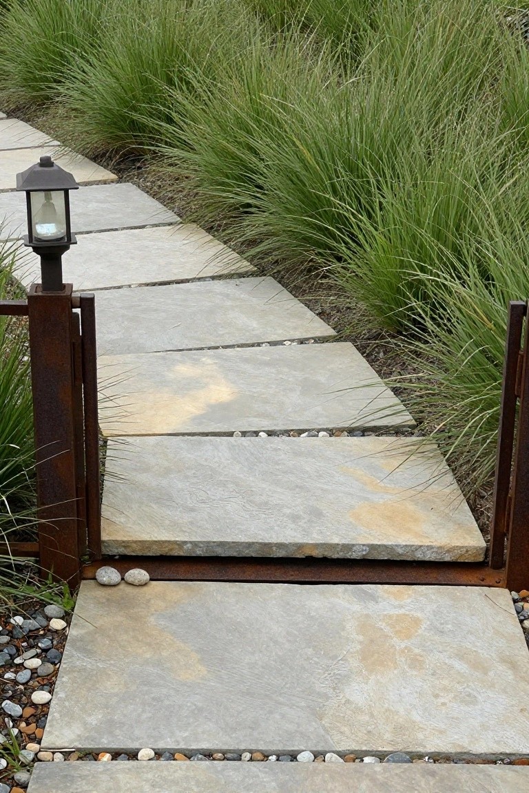 Curved pathway of light beige stone slabs with gravel edges and inlays, flanked by tall green ornamental grasses, a rusty metal gate, and a dark lantern post light.
