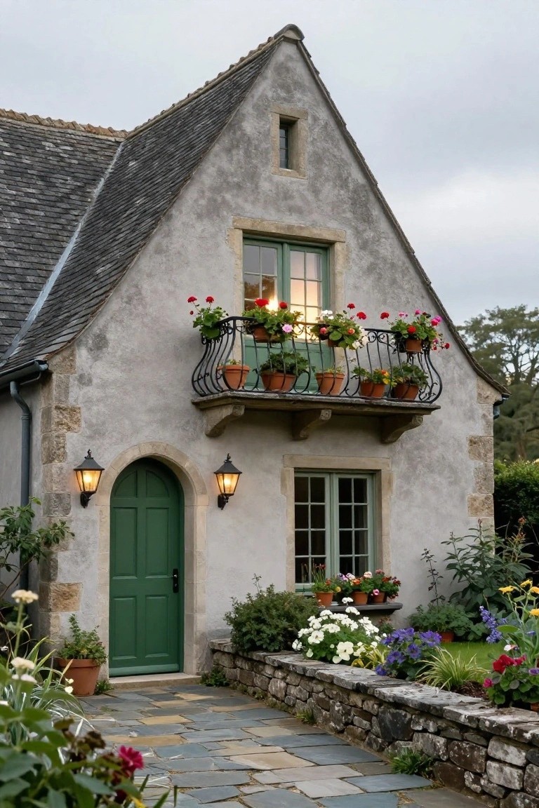 Gray stucco house with steep slate roof, green arched front door flanked by lanterns, wrought-iron balcony with red geraniums in terracotta pots, and flower beds along a stone wall.