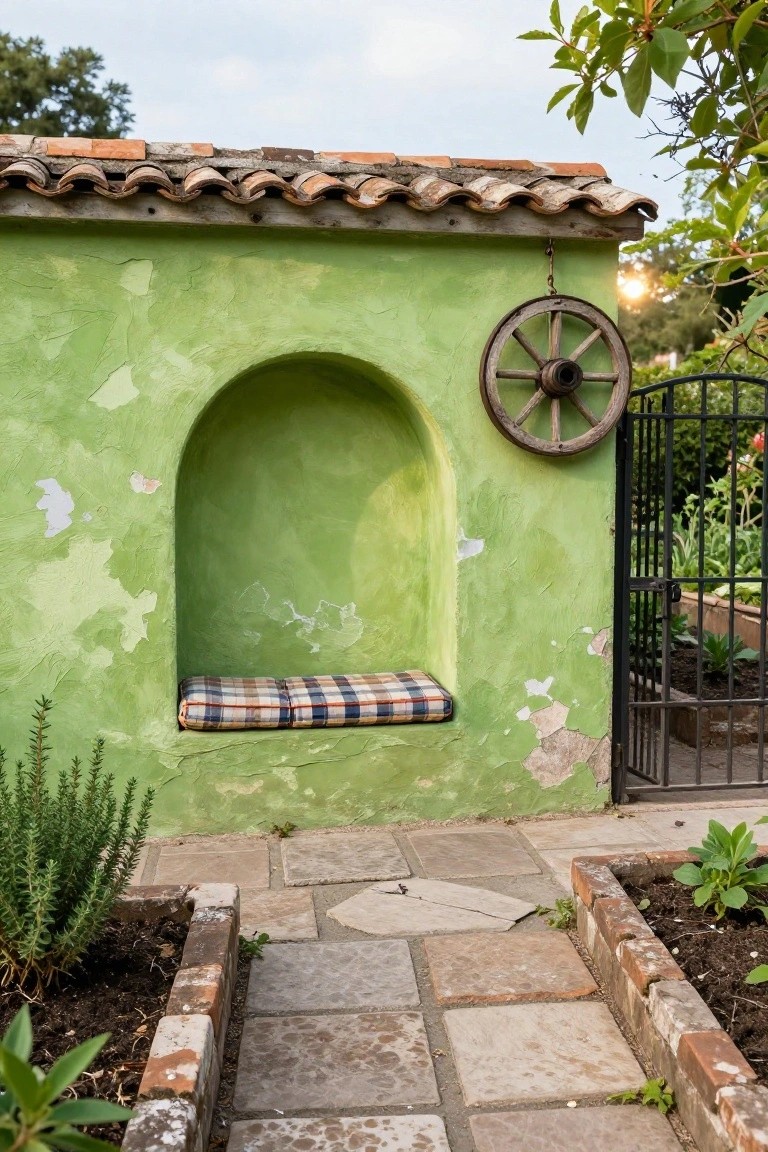 Green stucco wall with arched niche holding a plaid cushioned bench, wooden cartwheel hanging above black metal gate, garden beds, and stone path.