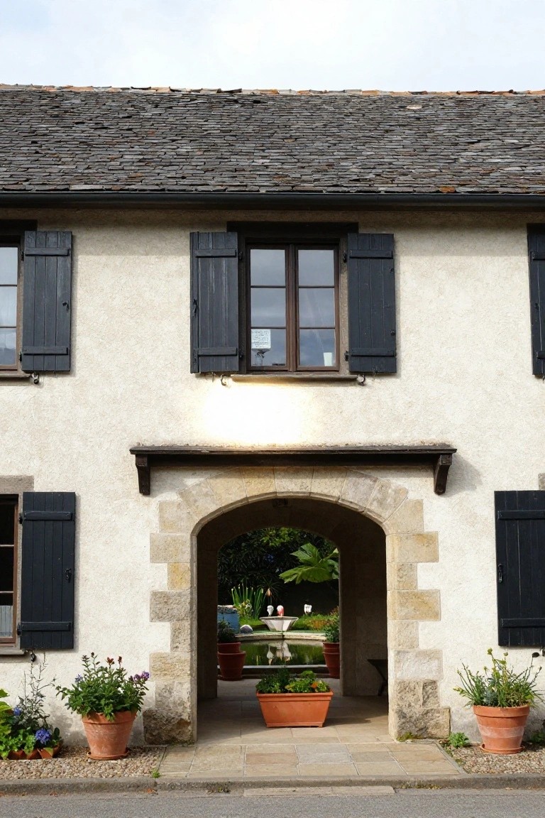 Stone house with arched entryway, dark shutters, and potted flowers.