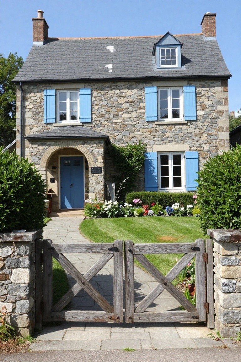 Two-story stone house with slate roof, blue shutters on windows, arched porch entry with blue double doors, wooden X-frame gate, flower beds, and boxwood shrubs.